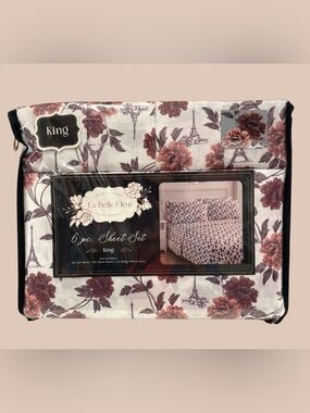 King 6-Pc DP Sheet Set White Red-Wine Floral Eiffel Tower La Belle Fleur NEW NIP